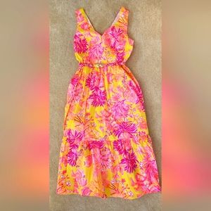 Lilly Pulitzer Bri V-Neck Cotton Midi Dress Calla Yellow Floral Coral SZ 4
